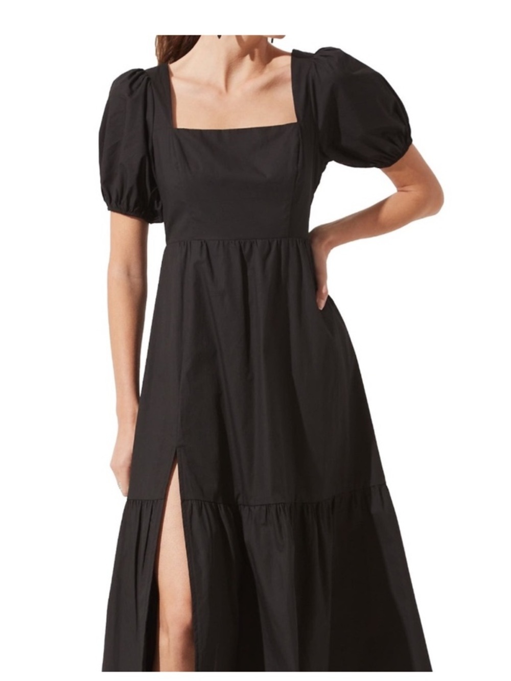 ASTR the Label Poplin Puff Sleeve Tiered Midi Dress Black size M
